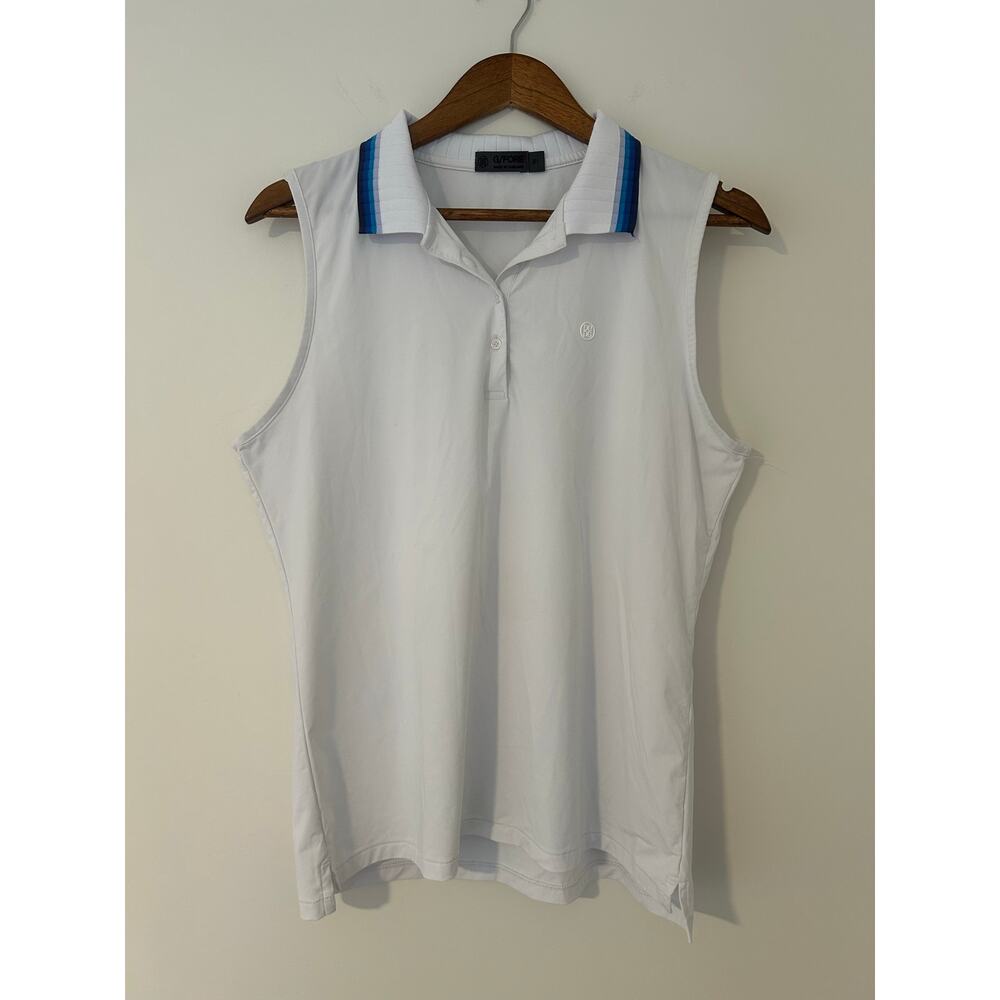 G/FORE Pleated Collar Sleeveless Polo Golf Athletic Shirt White Blue Gradient XL
